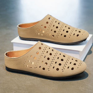 Summer MenS Shoes Niche Hollow-Out Slip-On Mules MenS Outdoor Flat Lazy Shoes Slip-On Closed-Toe Half-Slippers Trendy Shoes