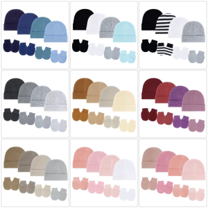4 Set Baby Bonnet Cap Feature Foldable Edge with Mittens Cotton Fabric Gentle On Sensitive Skin Multiple Color Available