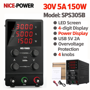 Nice Power SPS3010 Variable DC Regulated Power Supply 30V 10A 12V/24V Adjustable Desktop Lab Unit with USB Interface Dual Display Low Noise for Mobile Phone Maintenance Plating