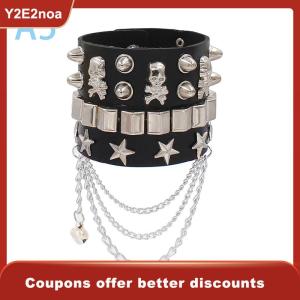 【Y2E2noa】 90s Fashion Punk Style Bracelet Personality PU Leather Three Rows Spikes Square Bracelets Bangle 2024 Party Jewelry Gift
