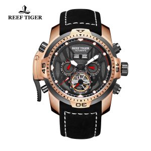 (OFFICIAL 3 Yrs WARRANTY) Reef Tiger/RT RGA3532 Leather Strap Annual Calendar Calendar Luminous Waterproof Automatic Mechanical Mens Sports Watch
