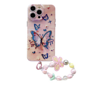 【New】Self-contained Lens Blue Rhinestone Oil Painting Butterfly Pattern IMD Phone Case with Bracelet For iPhone 11 12 13 14 15 16 Series