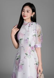 [Voucher 15% MOV 199K cap 100K Đầm HeraDG thiết kế tay bồng cổ thắt nơ lệch họa tiết hoa cẩm tú cầu trẻ trung chất tơ cao cấp SDPBD2022