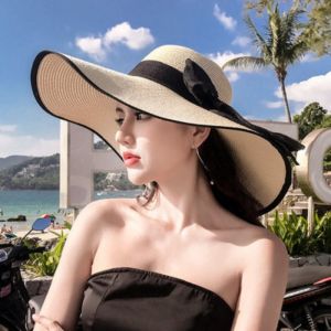 Mishilei Wide Brim Beach Hat with Bow Sunproof Women Beach Hat Seaside Summer Sun Straw Hat for Outdoor