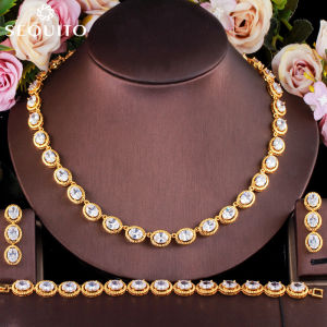 SEQUITO Vòng Tay Bông Tai Vòng Cổ Quyến Rũ Hình Bầu Dục Zircon Khối Lập Phương Tuyệt Đẹp Dành Cho Nữ Bộ Trang Sức Dự Tiệc Dạ Hội Mạ Vàng 18K Arab SJ143