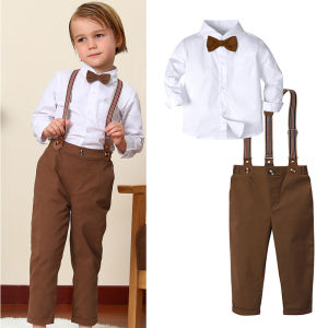 Toddler Clothes for Boys Fashion Set Toddler Thanksgiving Gentleman Suit Baby Kids Birthday Photoshoot Outfit Children Casual Brown Pants and White Shirt 1-5 Years Clothes