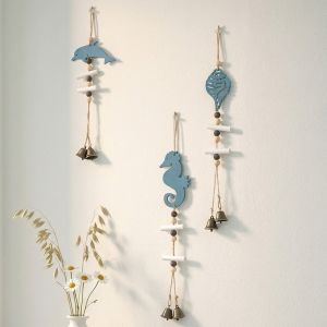 FOUNDTWO Phong cách Địa Trung Hải Dây Chuyền Hình Đại Dương Bằng Gỗ với Bell Chủ đề đại dương Tranh treo tường hình sao biển Tiệc bãi biển Động vật biển Chuông gió cá heo Phòng khách