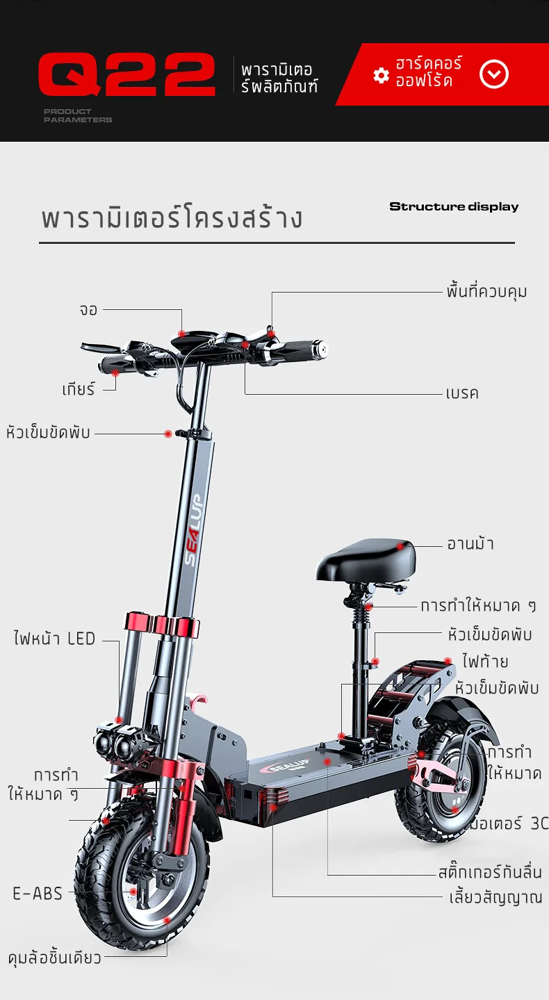 SEALUP Q22 สกุ๊ดเตอร์ไฟฟา NFC ออฟโรด พับได้ ระยะ 40-150 กม ความเร็วสูงสุด 55KM/H กันน้ำ IP54 1000W