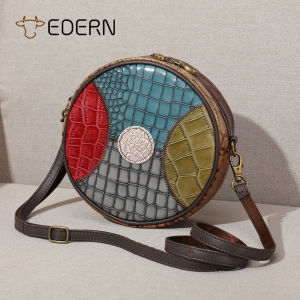 EDERN New Genuine Leather Womens Shoulder Bag Cowhide Small Round Bag Ethnic Style Patchwork Sling Bag Ladies Crossbody Bag Phone Pouch