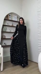Europe and America 2225 Spring Cross-Border Elegant Long Sleeve Design Sense Round Neck Small Floral Dress Long Dress for Women