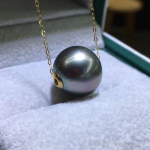 Montagne Jewelry Natural 12mm Flawless Seawater Black Pearl Pendant 18K Pure Gold Necklace