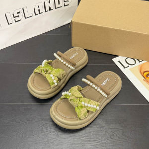 [Free Shipping] Thick-soled pearl slippers for women 2026 summer new model one-strap cross-strap flat sandals for women