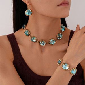 FSFDS Vintage Blue Necklace Earring Fashion Light Luxury Clavicle Chain European American Style Temperament Bracelet Women