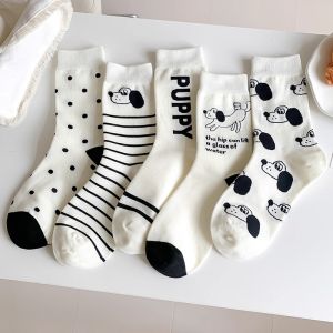 Set of 5 Pairs Korean Striped white puppy Socks for women Letter Print Mid medyas Cute Trendy Breathable Wear For School Daily compression