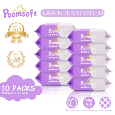 Poomsoft 10 Packs x 100 Sheet Baby Wipes Lavender Scent Gentle Alcohol-Free Wet Tissue Wipes 14cmx18cm Large Wipe