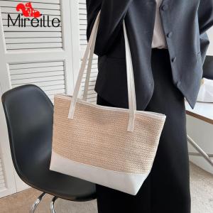 Mireille กระเป๋าถือฟางแบบทอสำหรับผู้หญิงกระเป๋ากระเป๋าโททสะพายไหล่ต่อกันทำจากหนัง PU สำหรับเดินทาง