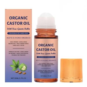 RAINPOT Organic Castor Oil Roll On with Rose Quartz Roller – 100% Cold Pressed Moisturizing Oil for Brows Lashes Face Hairline & Dry Skin – Travel Friendly Leakproof Roller Bottle (1)