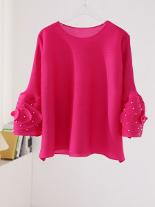 Pleated Solid Color round Neck T-shirt for Women Autumn New Fashion All-Matching Loose Large Size Plate Flower Beaded Pullover Top #Rs20230354