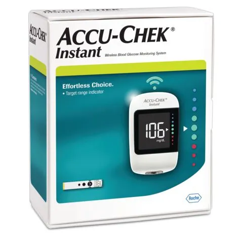 Bộ máy đo đường huyết Accu-Chek Instant Mmol/L, sử dụng công nghệ mao dẫn với vùng lấy máu rộng, giúp việc hút máu vào que dể dàng