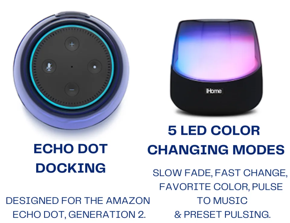 Donté's iHome Spot for your Dot 2nd Generation Bluetooth Smart Speaker for   Echo Dot Color Changing Speaker iAV5 or with Alarm Clock iAV2B