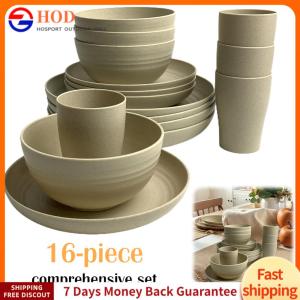 【Outdoor】 16Pcs Wheat Straw Cutlery Heat Resist Portable Cutlery Set Reusable Unbreakable Dinnerware Set for Home Gathering Party
