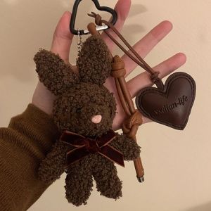 1pcs Cute Cartoon Leather Heart Pendant Plush Ear Bunny Bag Charm Plush Animal Keychain Soft Stuffed Doll Toy Key Ring Kid Gift