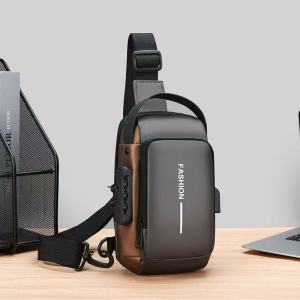 SPS BAGS#119 Fashionable anti-theft crossbody shoulder bag for Men features an integrated anti-theft password lock (combination lock) to secure the main zipper.