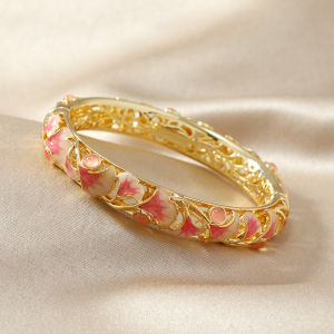 Vintage Cloisonné Hollow Ginkgo Leaf Bracelet Fashionable Ancient Style Womens Double-Layer Enamel Real Gold Bangle