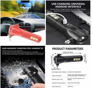 Senter Hammer Multifungsi Emergency LED COB Pemecah Kaca Safety Hammer Flashlight Senter Palu Pengaman Multifungsi Senter Cas USB Senter COB Pengaman