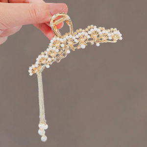 F4 Jepit Rambut Korea Rumbai Mutiara 9.5cm Gold Tone Ancient Style Pearl Tassel Hair Claw HCPT005