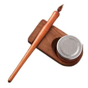 HOUCHU Sealed Container Glass Pen Line Pen Wooden Pole Dipping Pen Storage Rack Tools School Office Stationery Dip Pen Ink Holder Art Writing