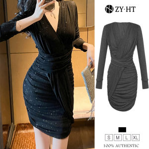 ZY.HT EraVogue เดรสผู้หญิง เดรสสีดำ เดรสแขนยาว เดรสผ้าเงา เดรสคอวี เดรสไฮโซ เดรสออกงาน เดรสไปงานแต่ง เดรสฝรั่งเศส 9685