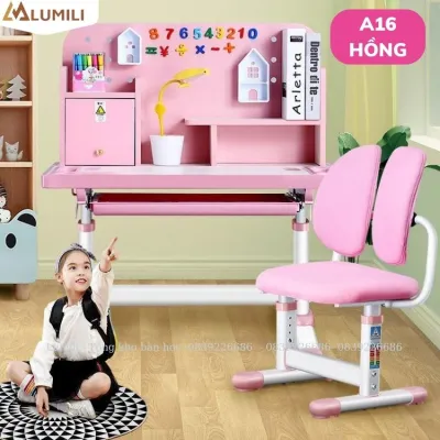 Bàn học chống gù liền kệ sách thông minh Lumili A20 nâng hạ tay quay nghiêng mặt bàn chống cận thị gù lưng cho trẻ em bàn ghế học sinh giá rẻ