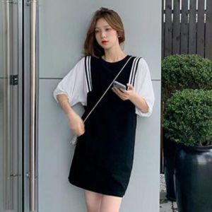 College Style Spring/summer Fashion Contrasting Large Size Fake Two-piece Dress Loose T-shirt Skirt