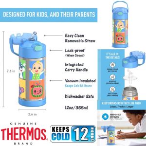 Authentic Thermos Funtainer Cocomelon 12 Ounce Stainless Steel Vacuum Insulated Straw Kids Water Bottle