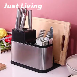 JustLiving Bộ đồ ăn nhà bếp bằng thép không gỉ Lưu trữ bộ đồ ăn với khay thoát nước Hộp đựng dao kéo Nhà bếp Thớt đa chức năng Giá đựng Đũa gia dụng Ống đựng đũa Nhà bếp Tổ chức nhà bếp Hộp lưu trữ dụng cụ
