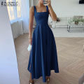 Esolo ZANZEA phụ nữ satin không tay cổ vuông Đầm midi buổi tối Swing bên đầm màu trơn #14. 