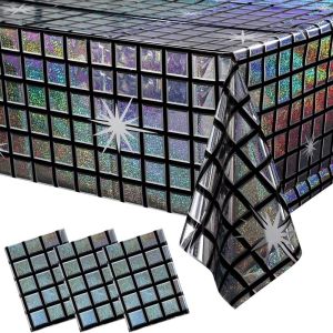 OUREAL Vintage Disco Iridescent Shiny Tablecloth 70s 80s Disposable Table Runner Party Decoration Rectangle Table Cover Bar Disco