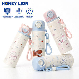 HoneyLion - Insulated Vacuum Flask 500ML Insulated School Tumbler | Safety Lock 316 Stainless Steel Flask with Carry Strap | Aesthetic Kids Bottle