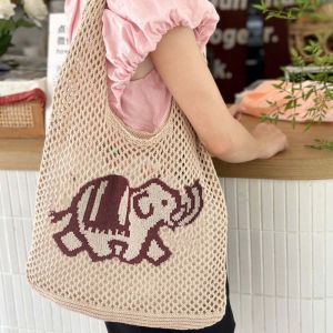 MOIRA ช้างสีฟ้า กระเป๋าโท้ทผ้าทอ โครเชต์ถักโครเชต์ หวานหวานแหววว กระเป๋าถือชายหาดฤดูร้อน ทันสมัยและทันสมัย โพลีเอสเตอร์ ถุงฟางช้อปปิ้ง สำหรับผู้หญิง