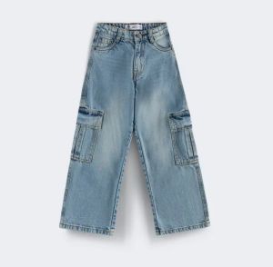 Girls Wide Leg Cargo Jeans Light Blue