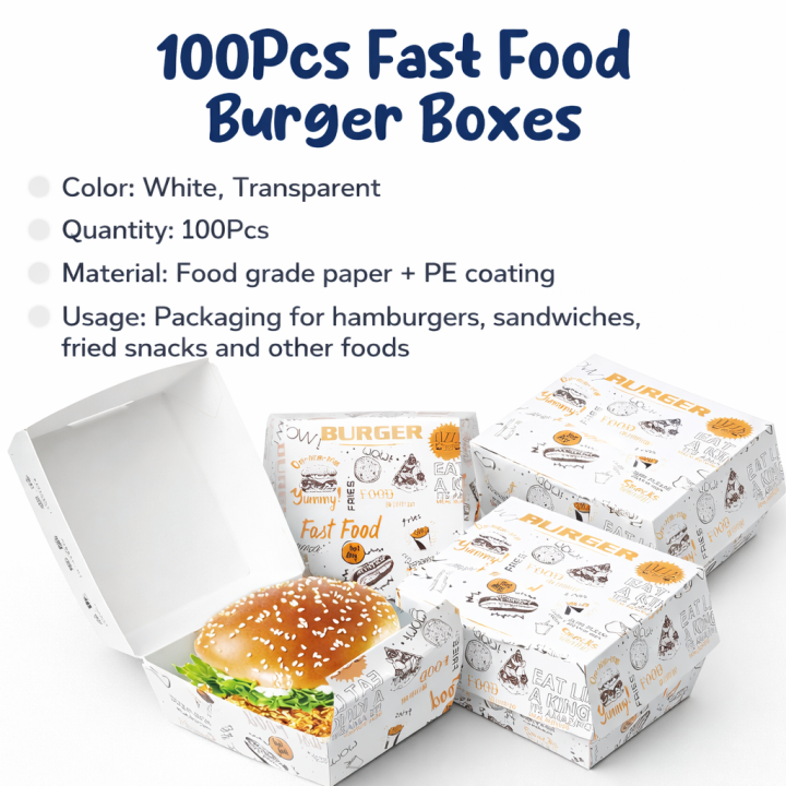 Box Food Wrapper 100Pcs Burger Box Wrapper Folding Fast Food Print Hamburger Boxes for ...