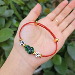 Q2403 Vòng tỳ hưu Cẩm Thạch Sơn Thủy mix 2 đồng xu kim tiền Bạc Thái dây cáp khóa freesize ko kén mệnh - Phong Thủy TUDO