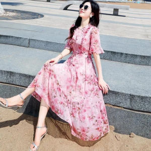 Elegant Round Neck Printed Long Dress Women Temperament Elegant Dress Fit Slimming Waist Commute Style