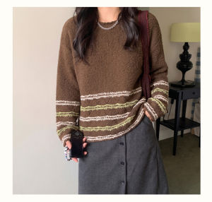 2026 Autumn New Women Color Block Striped Pullover Sweater Crew Neck Loose Knit Top