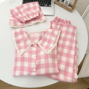COD Đám mây bông đồ ngủ nữ mùa hè Hàn Quốc búp bê cổ áo sọc gió ngọt ngào tay áo ngắn bộ ba mảnh có thể mặc quần áo nhà bên ngoàiDFDSHHYJUJ