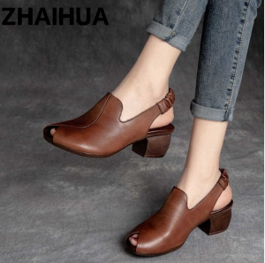 เสื้อผ้าหนังแท้ รองเท้าแตะส้นกลางหนังวัว หนังแท้ส้นหนา ปากประสงค์ รองเท้า รองเท้าแม่วัย กลางคน สไตล์เรโทร เช่นกัน ผู้หญิง สำหรับผู้หญิง รูปแบบหนัง