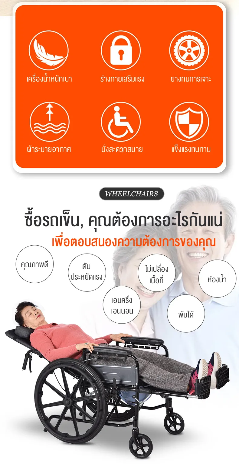 HIMIWAY รถเข็นผู้ป่วย รถเข็นผู้สูงอายุ วีลแชร์เป็นอัมพาตพับเบาพิเศษเข็มขัดดูแลขนาดเล็กโถสุขภัณฑ์มัลติฟังก์ชั่ รถเข็นสามารถเป็นได้6ระดับ ปรับรถเข็นรถเข็น วีลแชร์พับได้