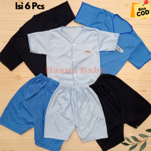 Paket 6Pcs Setelan Baju Bayi Baru Lahir Lengan Pendek polos warna Dongker Biru Muda dan Biru Langit- JL Baby