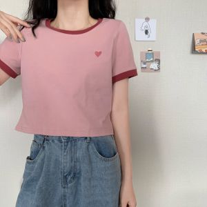 เสื้อยืดแฟชั่นสตรีแขนสั้น - พร้อมส่ง 🚚 - รายปักหัวใจคอกลม - สไตล์เกาหลีสำหรับผู้หญิง 💕